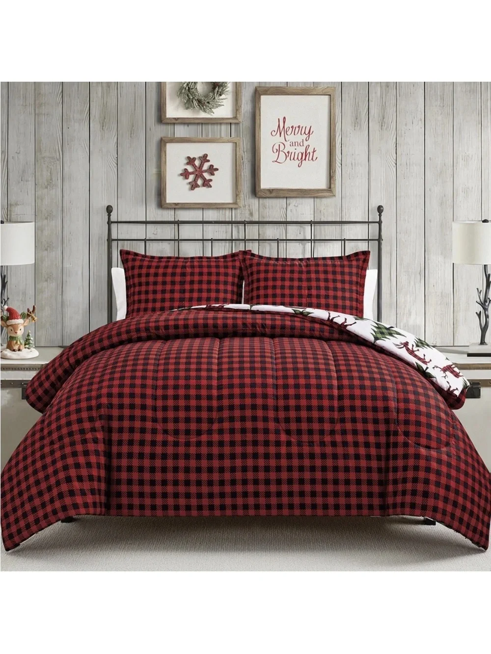 Sunham Plaid Deer Reversible King Comforter Set 3-Pc Christmas Red Green Trees